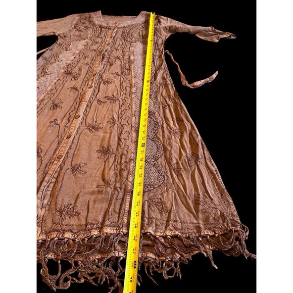 VTG Embroidered Maxi Dress  Free Size Button Front Rayon Tie Fringe Boho Cottage - Picture 4 of 13